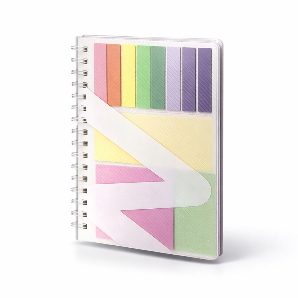 Notebook with colorful geometric design on a white background