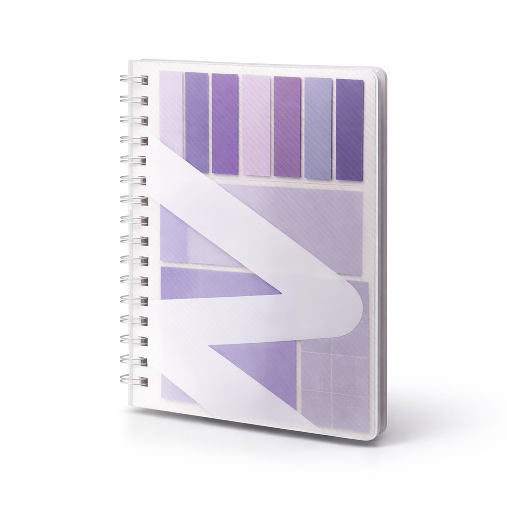 Notebook with a geometric purple design on a white background
