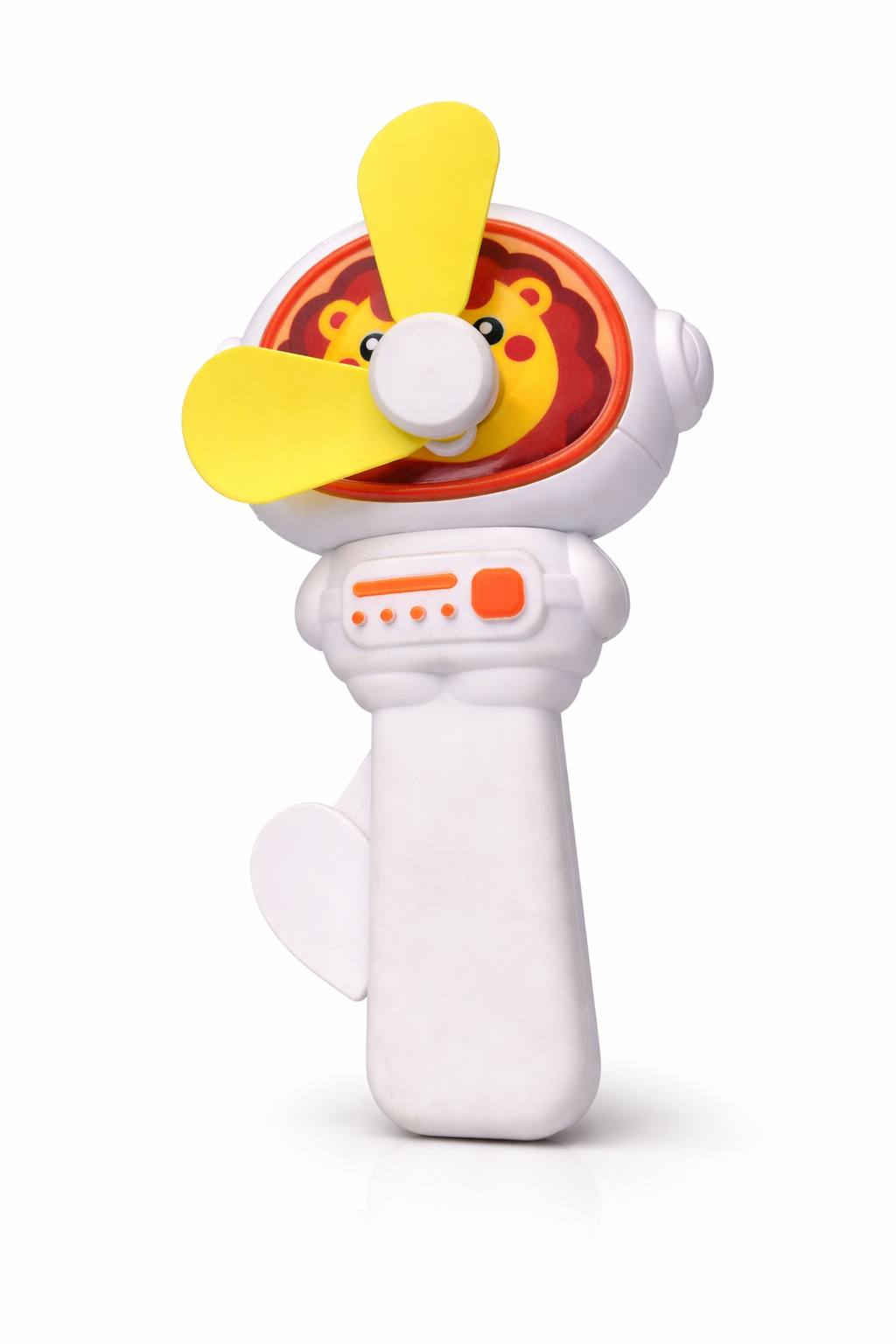 Toy fan with a cartoon face on a white background
