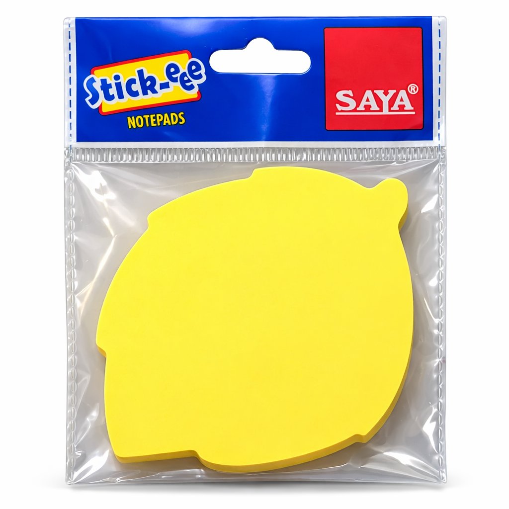 Yellow fruit-shaped sticky notes in packaging with Stick-ee and Saya branding.