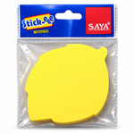 Yellow fruit-shaped sticky notes in packaging with Stick-ee and Saya branding.