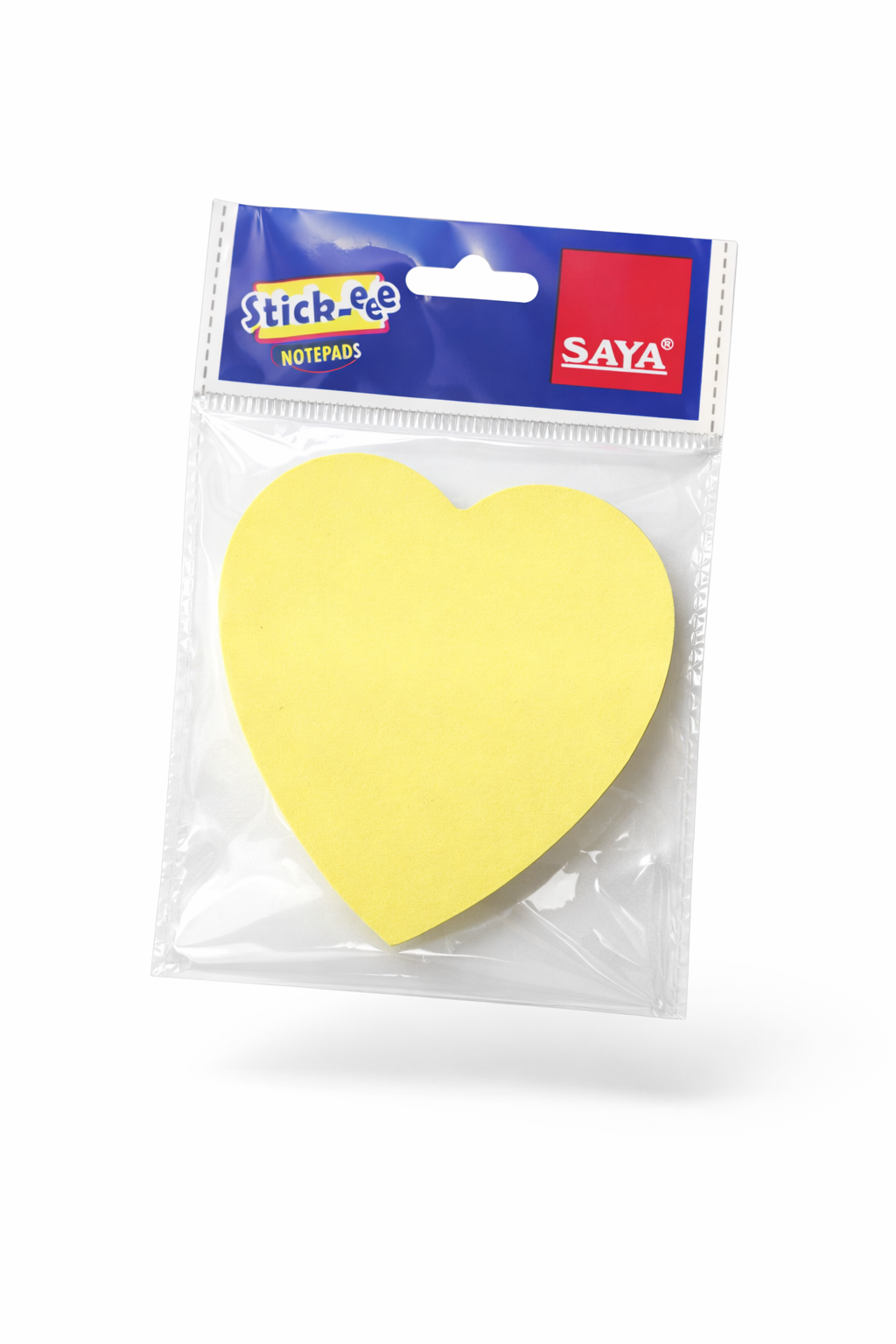 Yellow heart-shaped sticky notes in a Saya packaging on a white background