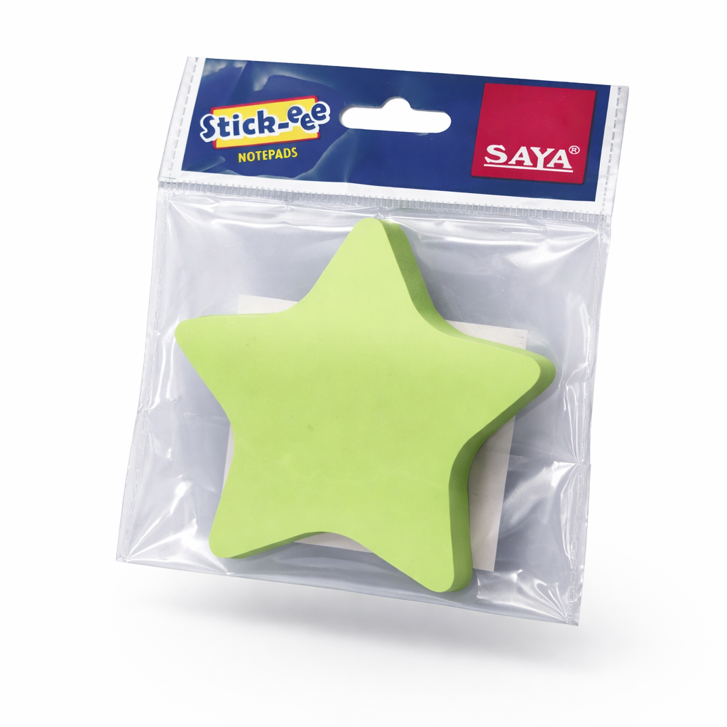 Green star-shaped sticky notes in packaging with Stick-Ace and Saya branding.