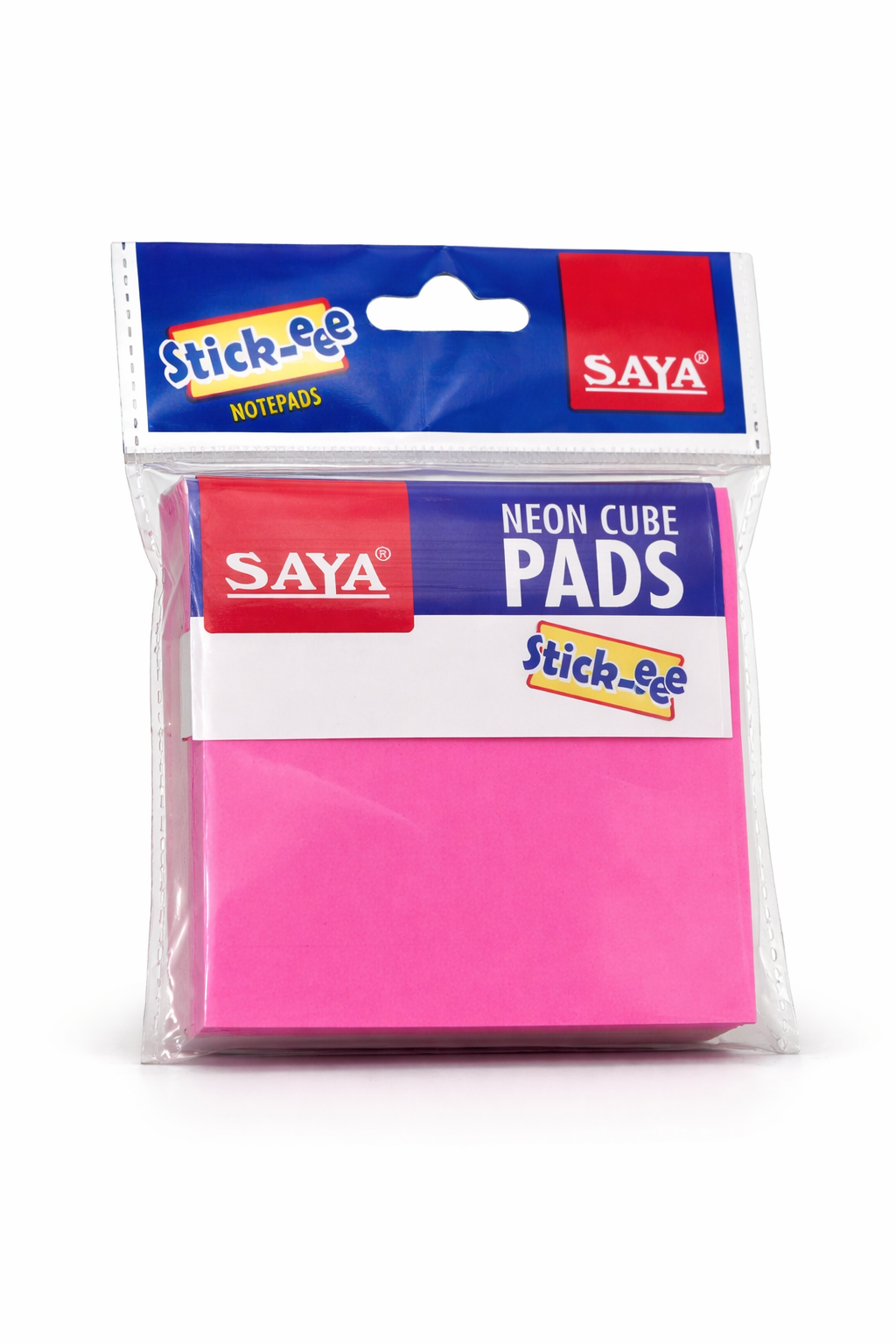 Packaged pink neon cube pads with Saya branding on a white background