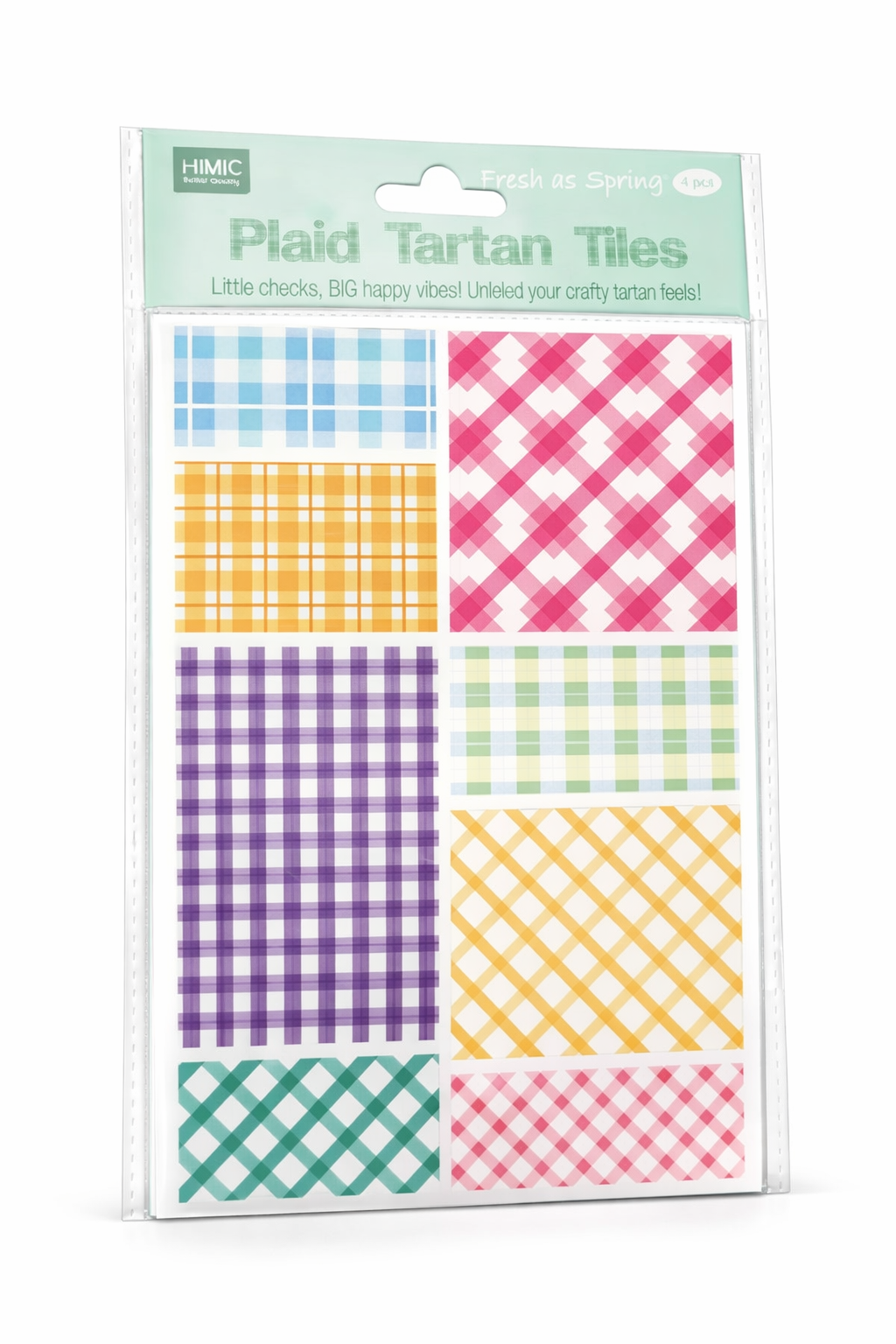 Packaged plaid tartan tiles with colorful patterns on a white background