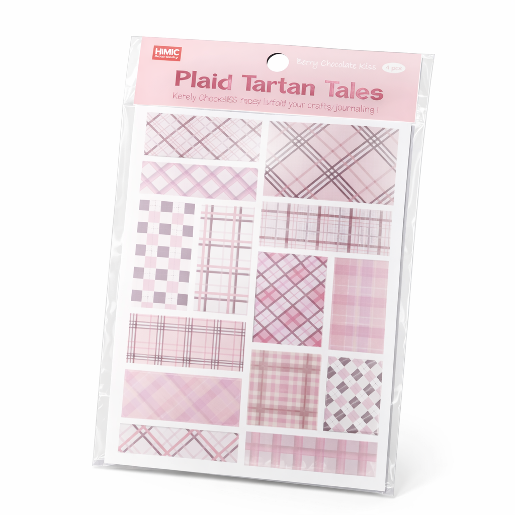 Pack of plaid tartan fabric samples with pink and white patterns on a white background.