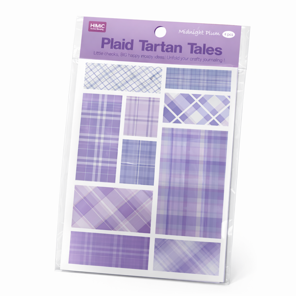 Packaging of plaid tartan fabric sheets with purple and white patterns on a white background.