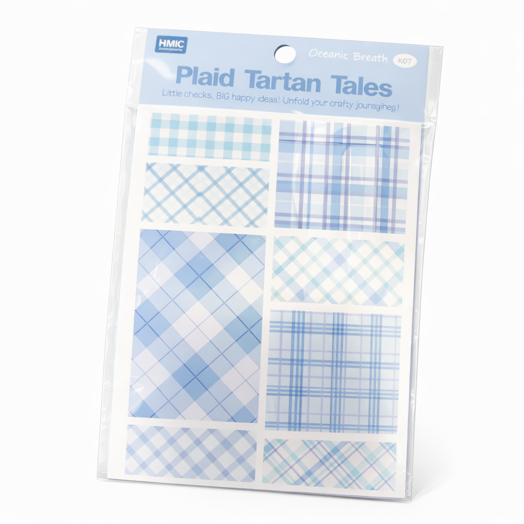 Packaged product with blue plaid patterns on a white background