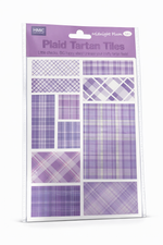 Packaging of plaid tartan tiles with purple and white patterns on a white background
