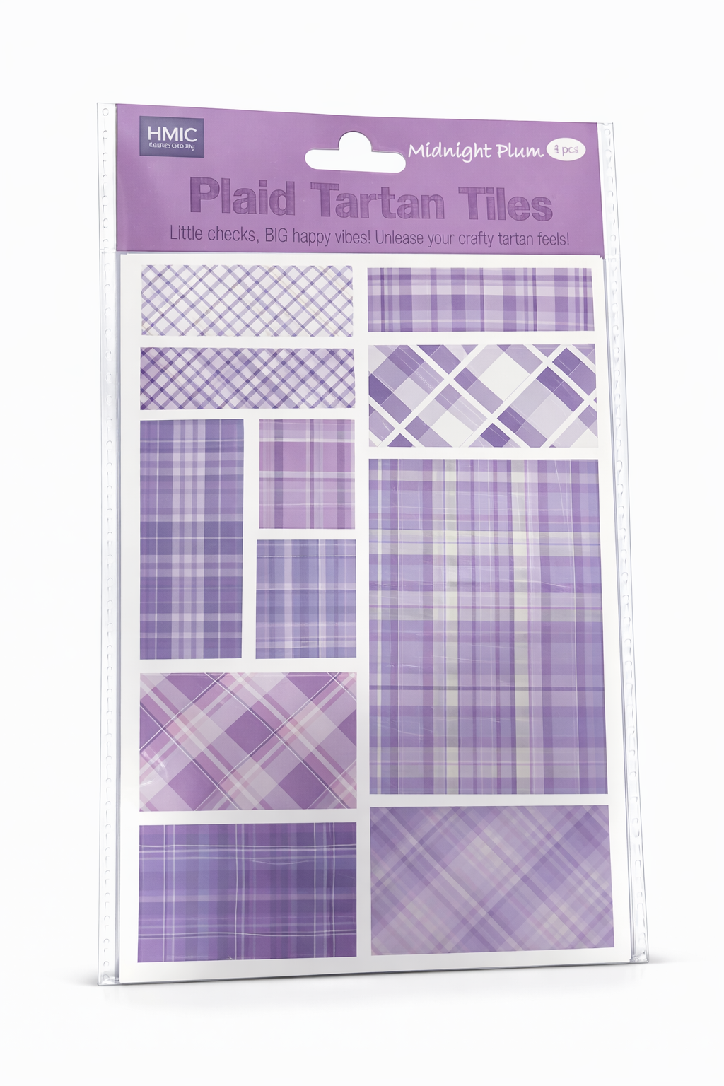 Packaging of plaid tartan tiles with purple and white patterns on a white background