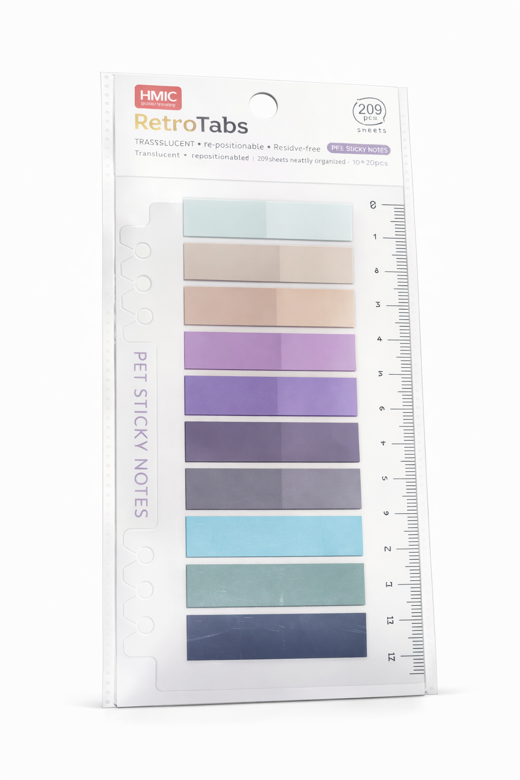 Packaging of HMC RetroTabs Pet Sticky Notes with color swatches and ruler on a white background