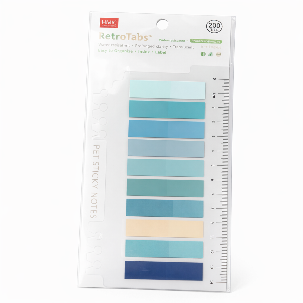 Packaged sticky notes with blue gradient colors on a white background