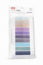 Packaging of HMC RetroTabs Pet Sticky Notes with color swatches and ruler on a white background