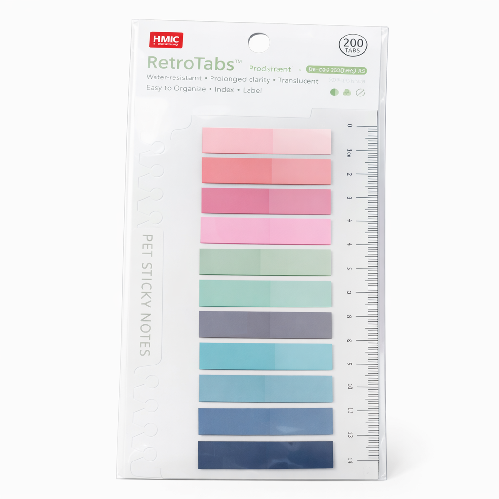 Pack of colorful sticky notes with a ruler on the side, branded 'RetroTabs' by Hmic.