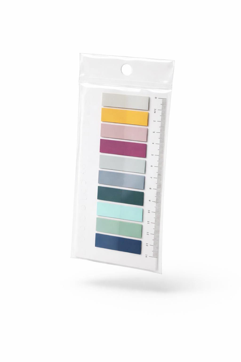 Color swatch card with various colors in a clear plastic package on a white background
