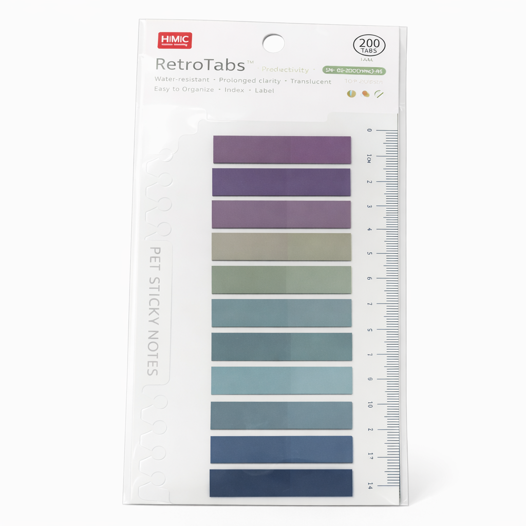 Packaging of H&HIC RetroTabs pet sticky notes with color swatches on a white background