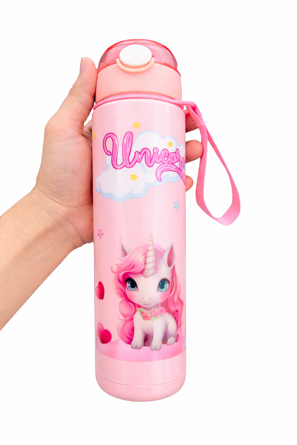 Unicorn design on pink water bottle

