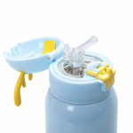 Light blue water bottle with yellow accents and a straw lid on a white background