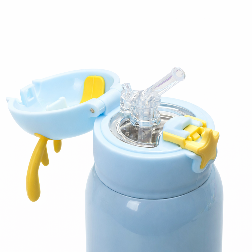 Light blue water bottle with yellow accents and a straw lid on a white background