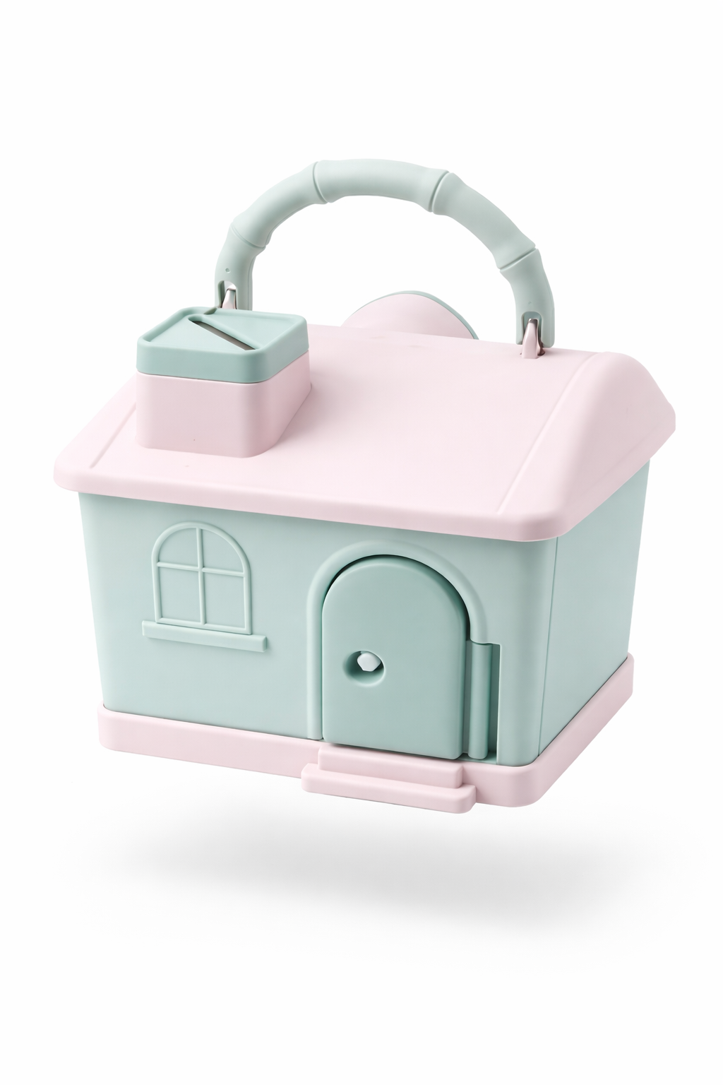 Pastel-colored toy house with a handle on a white background
