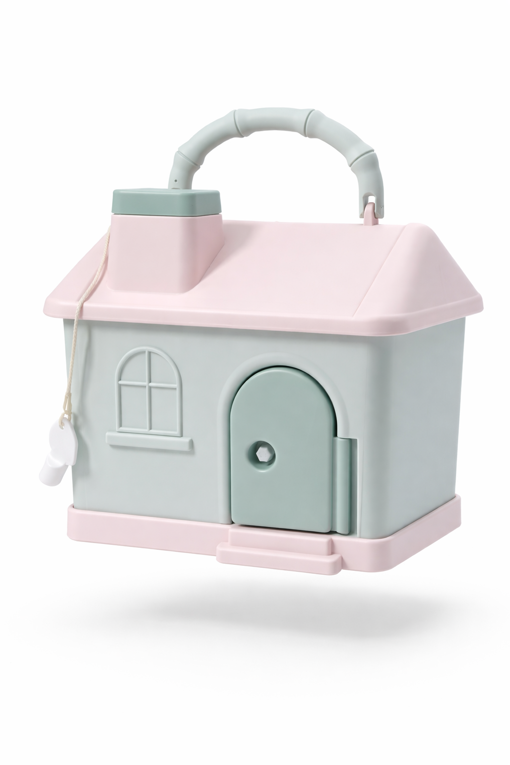 Children's toy house with pink roof and light blue body on a white background