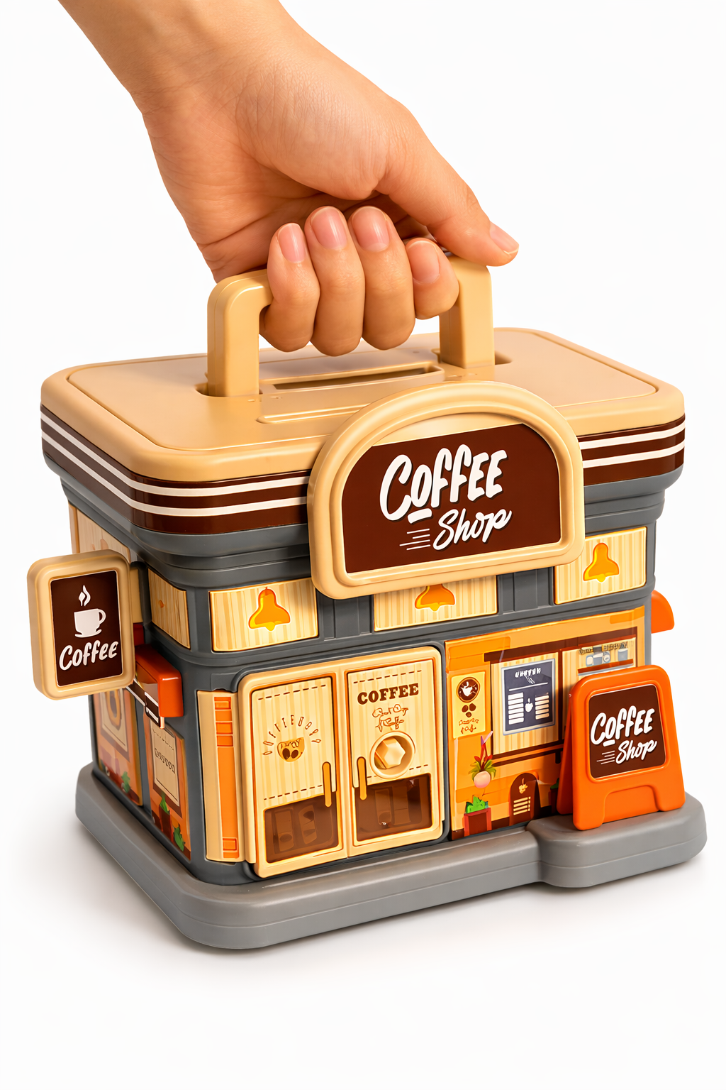 Toy coffee shop with a hand holding the handle on a white background