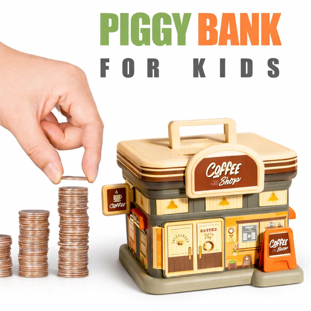 Piggy bank for kids designed like a coffee shop with a hand placing coins next to it.