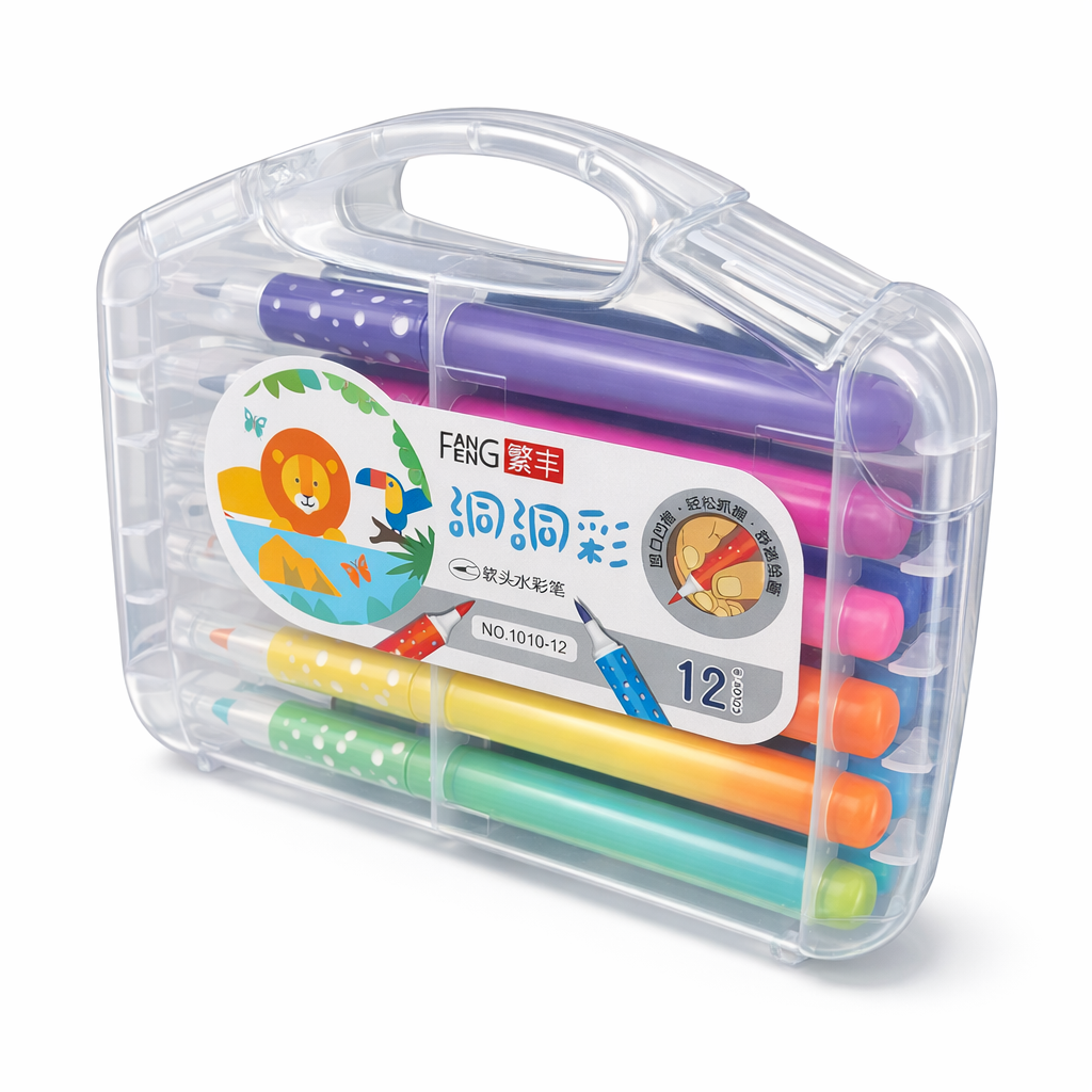 Set of colorful watercolor pens in a clear plastic case with a brand label.