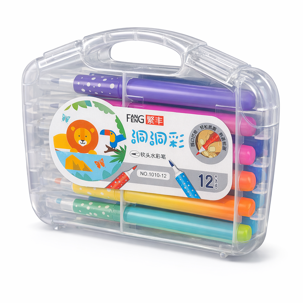 Set of colorful watercolor pens in a clear plastic case with a visible brand label.
