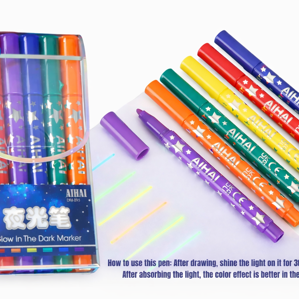 Set of colorful markers with glowing effect on a white background