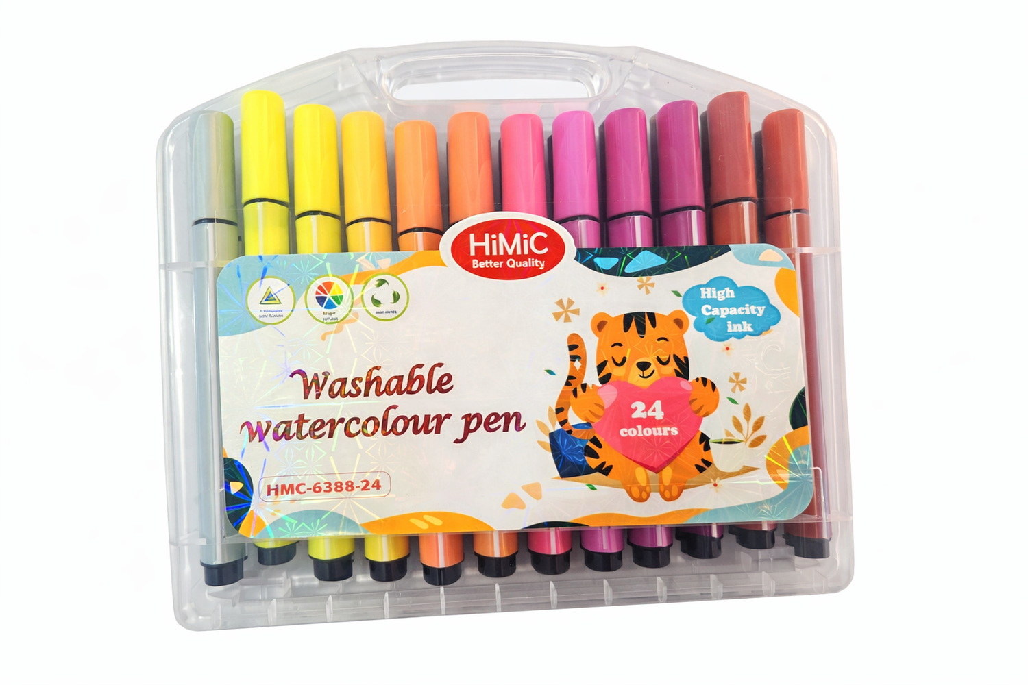 Set of 24 washable watercolor pens in a transparent case with colorful markers and a tiger design on the packaging.