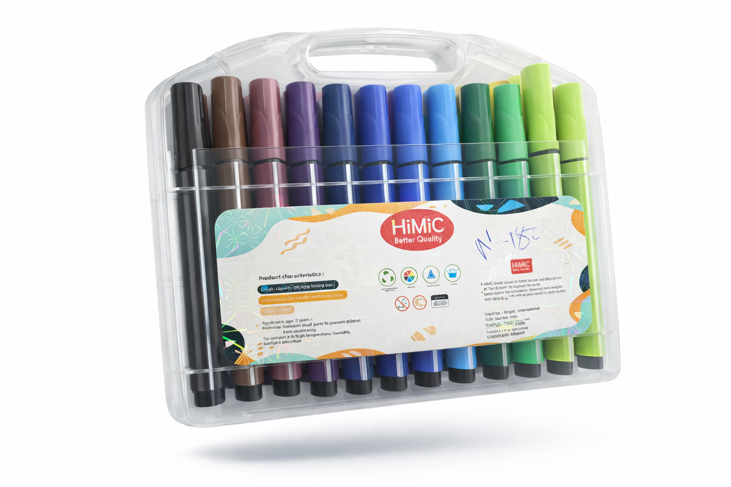 Set of colorful markers in a transparent case with a visible brand label on a white background