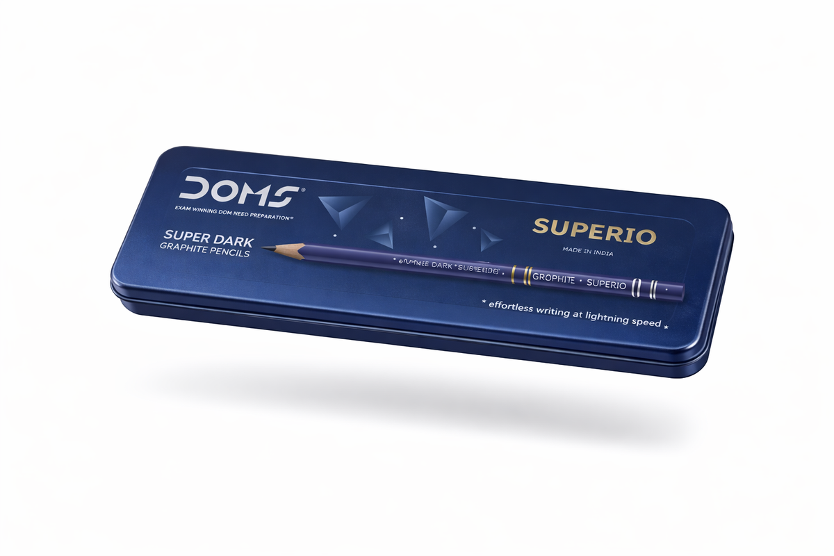 DOMS Superio graphite pencil in a blue tin on a white background