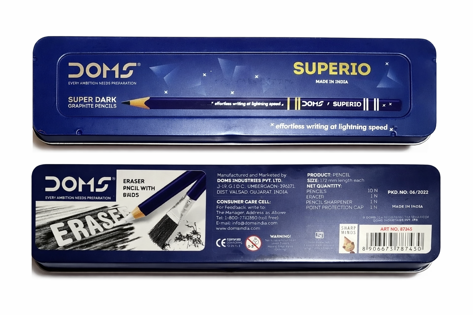 DOMS Superio graphite pencil set with blue packaging on a white background