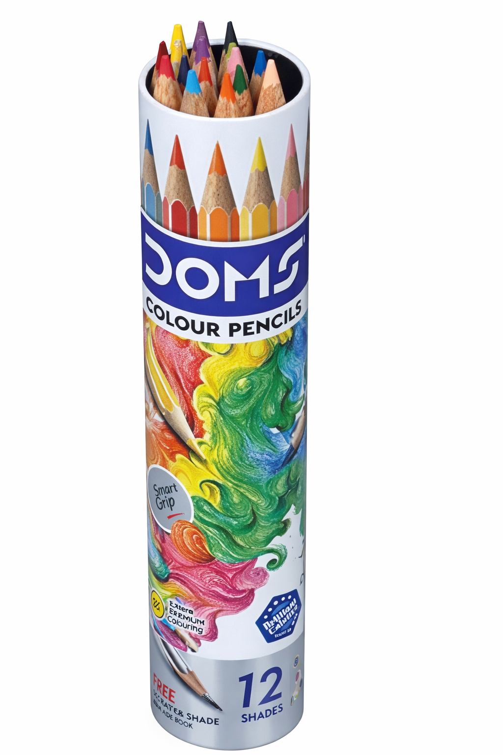 Tube of Doms color pencils with colorful caps on a white background