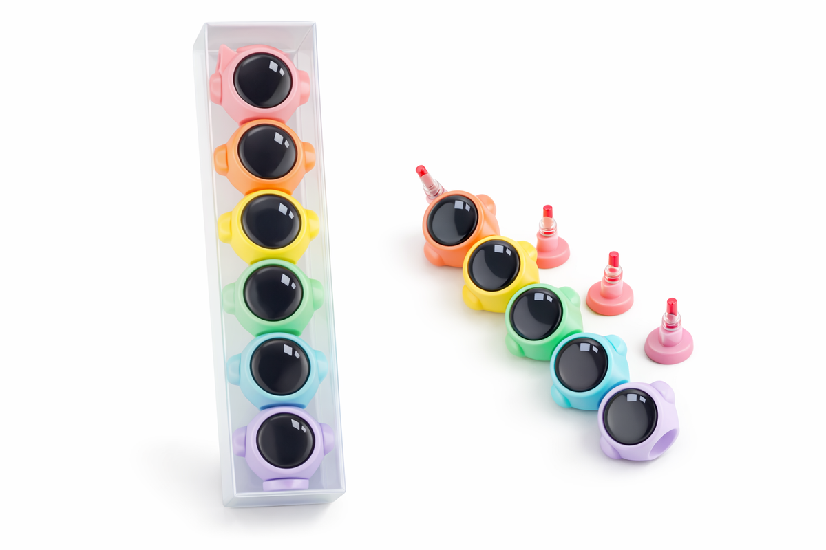 Colorful bubble wands with a gradient packaging on a white background