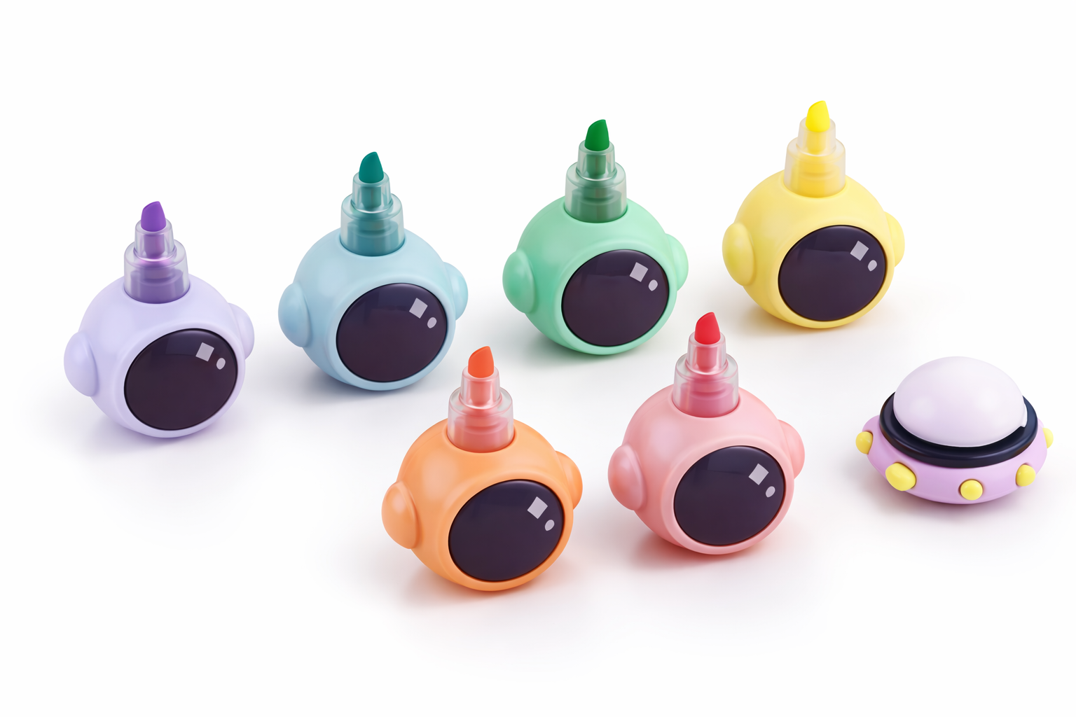 Colorful cartoon-like bottle caps on a white background