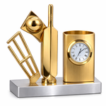 Gold cricket-themed desk set with clock and pen holder on a white background