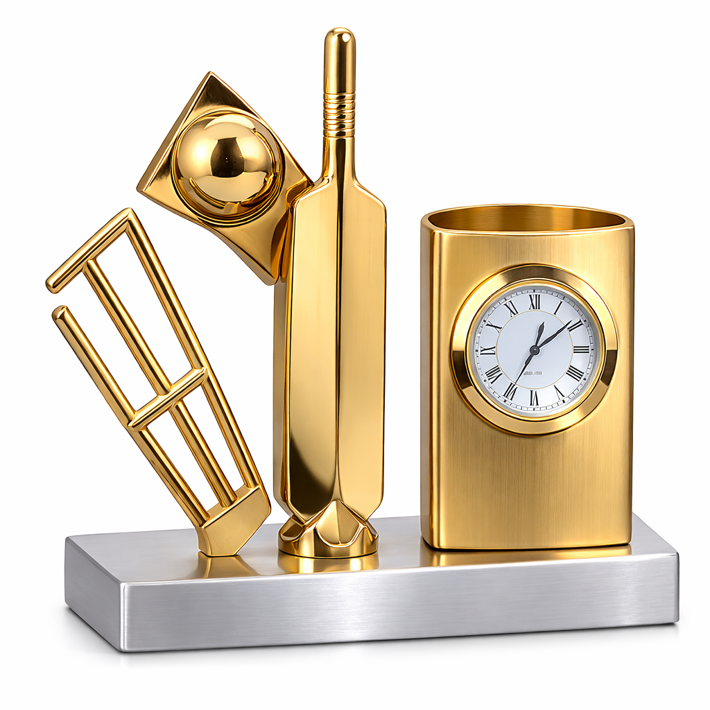 Gold cricket-themed desk set with clock and pen holder on a white background