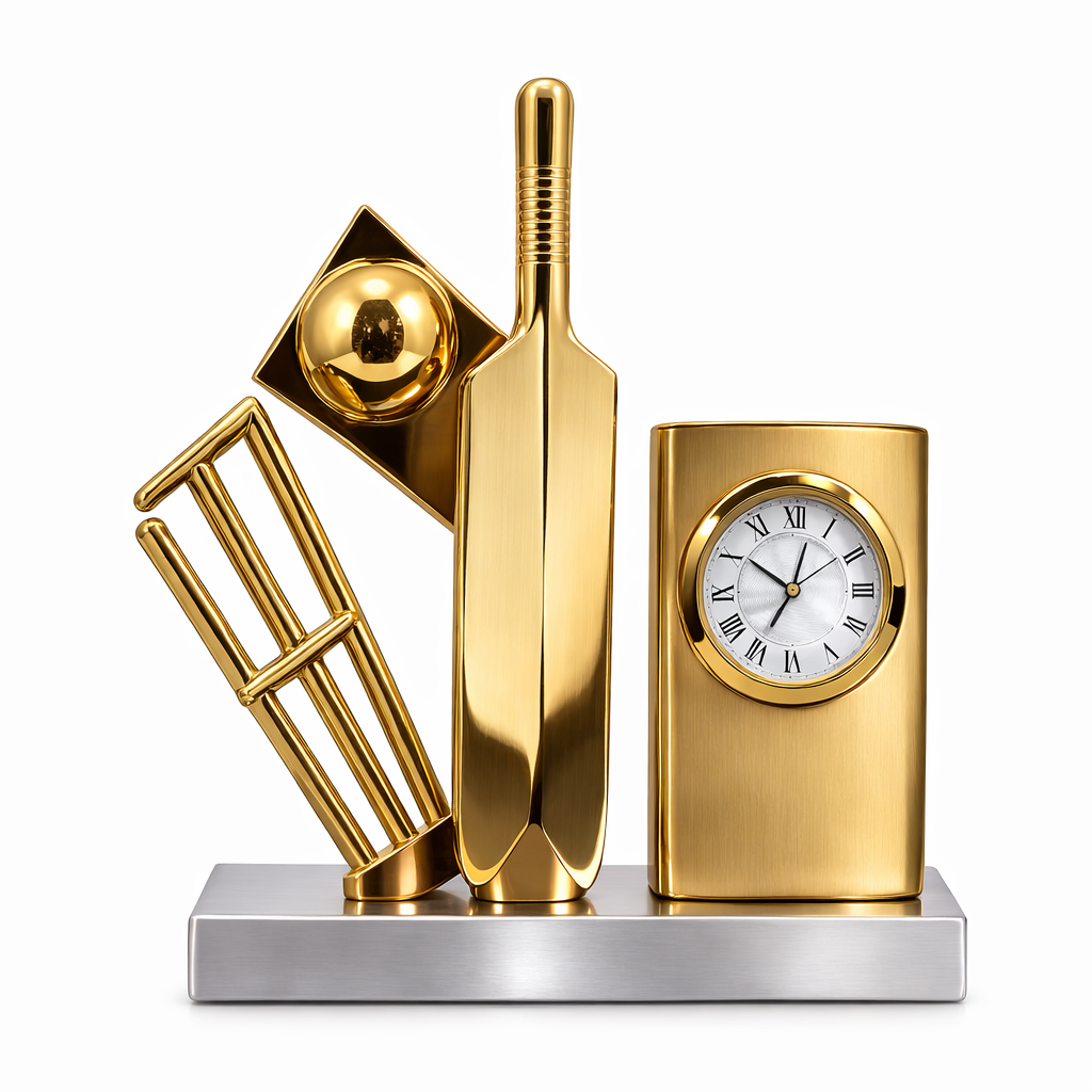 Gold cricket-themed clock and bat ornament on a white background