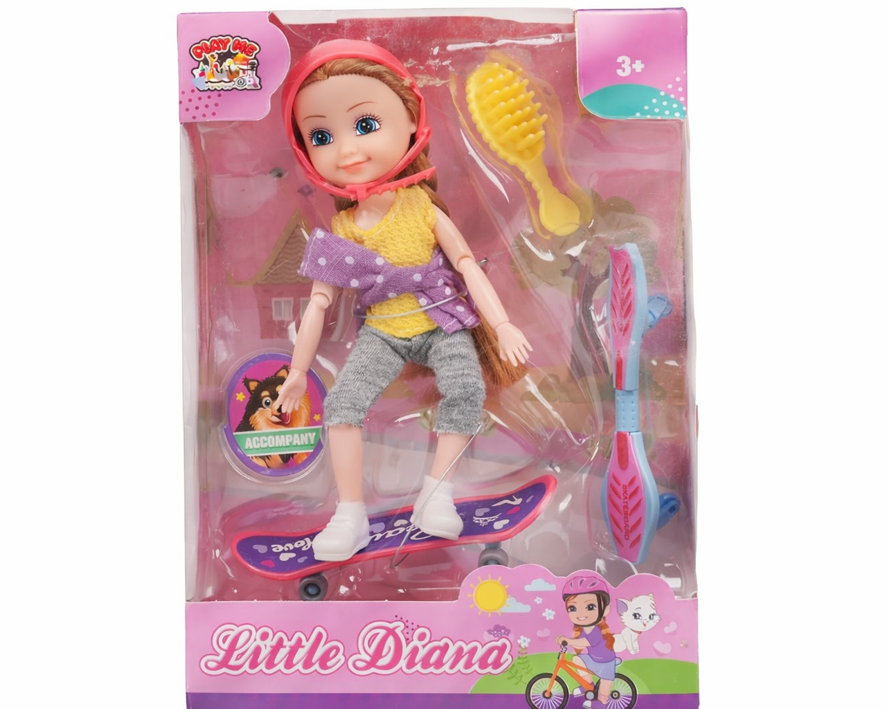 Toy doll with accessories in packaging labeled 'Little Diana' on a white background