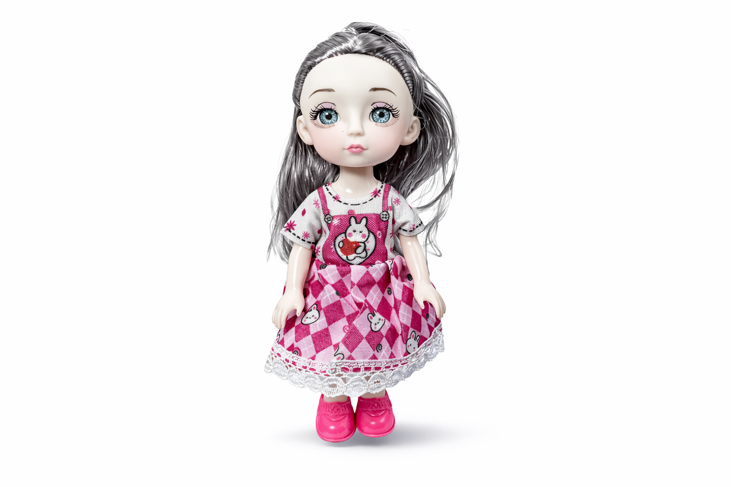 Doll with gray hair and a pink checkered dress on a white background