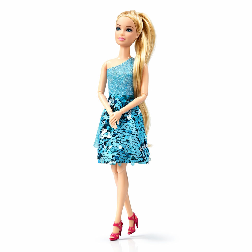 Barbie doll wearing a blue floral dress on a white background