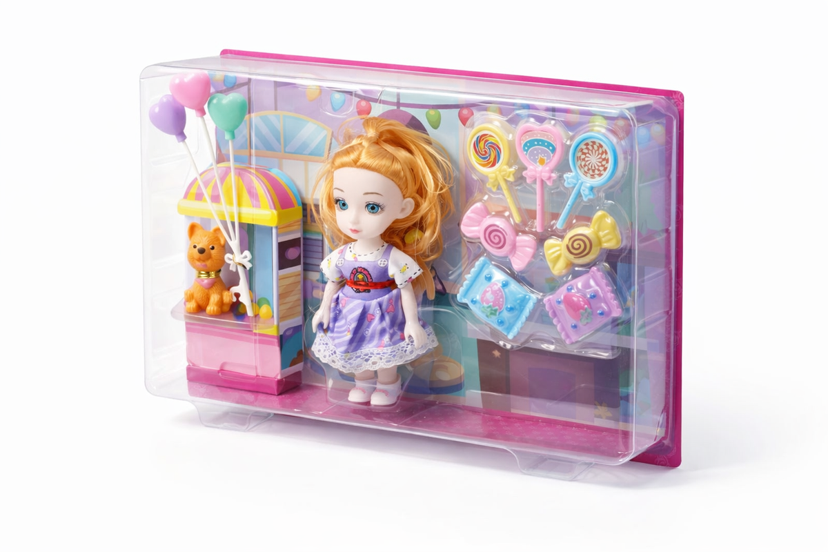 Toy doll with accessories in a clear packaging box on a white background