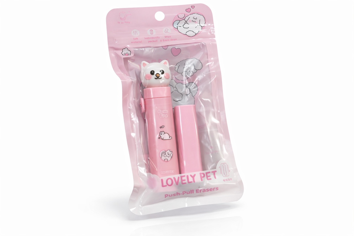Pink push-dull erasers with a cat design in packaging labeled 'Lovely Pet' on a white background.