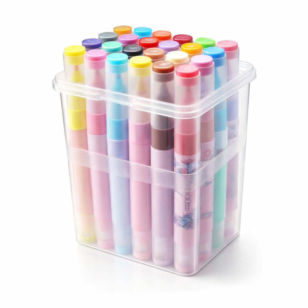 Set of colorful markers in a clear plastic holder on a white background
