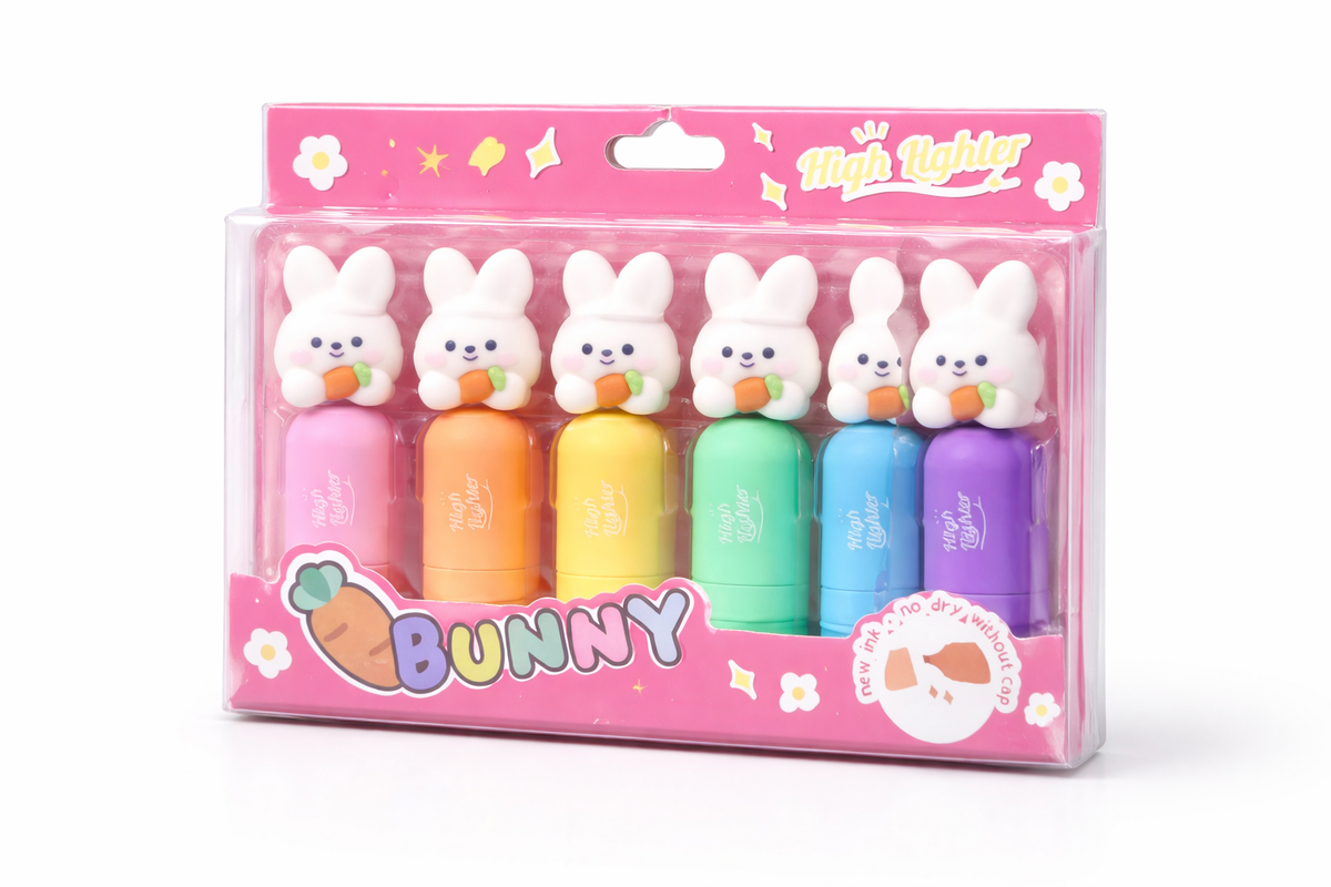 Set of colorful bunny-shaped markers in packaging with 'Bunny' branding.