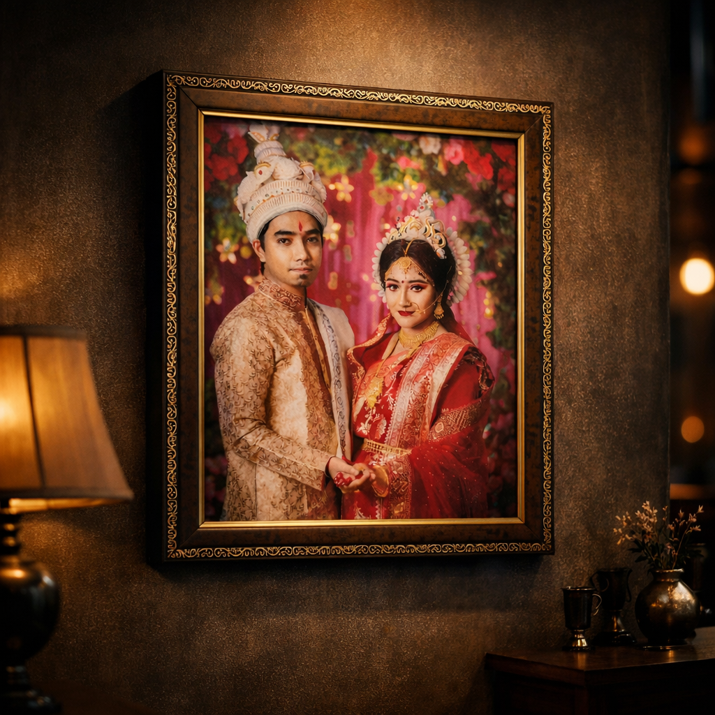 Framed portrait of a couple in traditional attire on a wall with warm lighting.