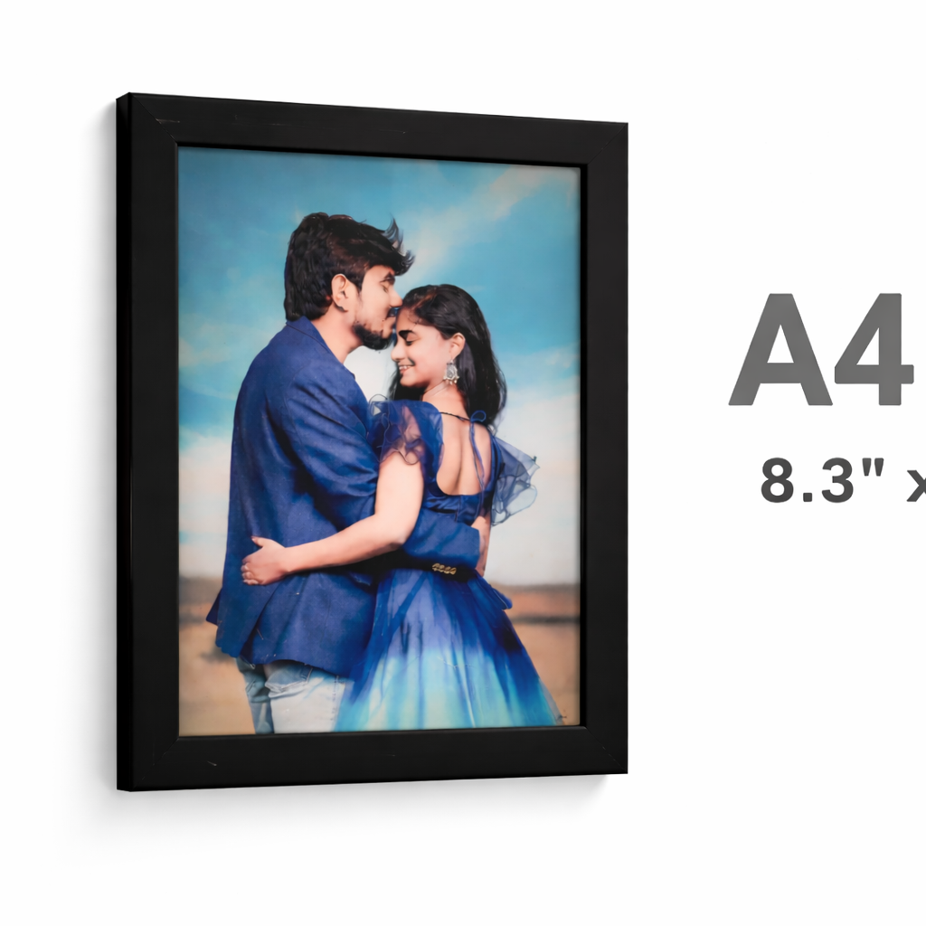 Framed photo of a couple with A4 size text on a white background
