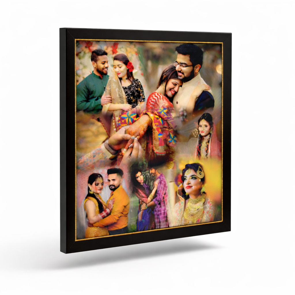 Framed collage of a couple in traditional attire on a white background